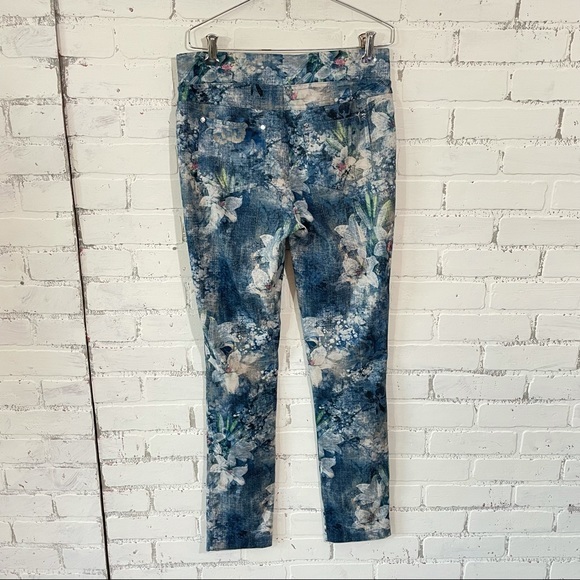 Joseph Ribkoff Print Stretch Pants Blue White Charcoal Sz 8 Floral Easy Up Pants - Picture 9 of 11